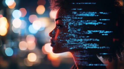Woman, code, city night, digital overlay, tech