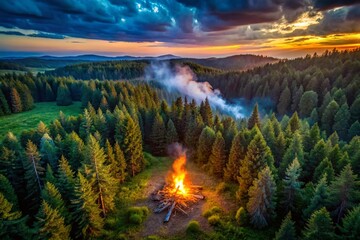 Wall Mural - Aerial View of Campfire in Lush Green Forest at Night