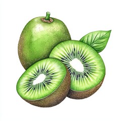 Wall Mural - Fresh Green Kiwi Fruit with Slices and Leaf on White Background