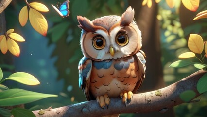 A cartoon owl is perched on a tree branch. The owl is looking at the camera with its eyes wide open. The scene is set in a forest with lots of trees and leaves. Scene is playful and whimsical