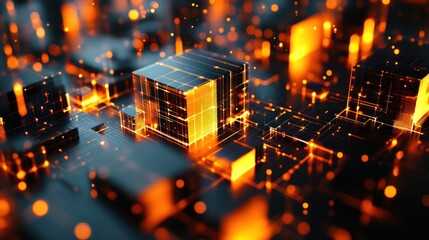 Glowing digital cube network, abstract background, futuristic tech