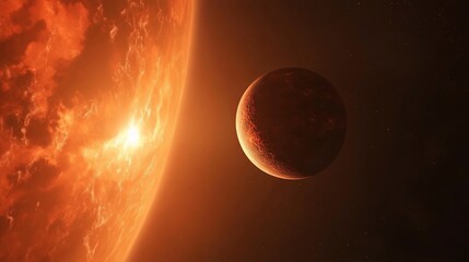 Wall Mural - A cosmic view of an exoplanet and its star with glowing reddish hues and distant stars