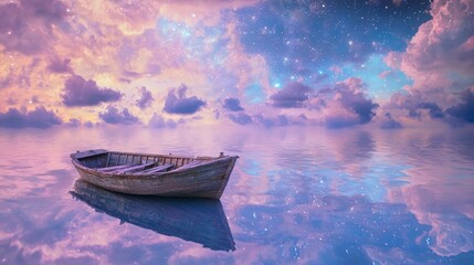 Wall Mural - Old Boat Afloat in Surreal Clouds with Dreamy Twilight Reflection in Calm Water