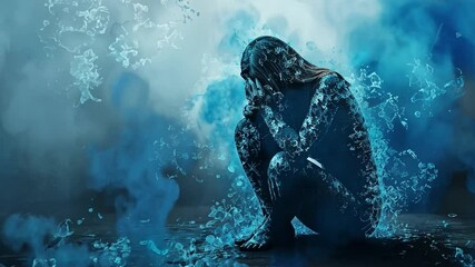 Poster - A figure sits in a curled position, partly obscured by swirling blue smoke and water-like textures. This artwork evokes deep emotions and a sense of introspection, blending reality with fantasy.