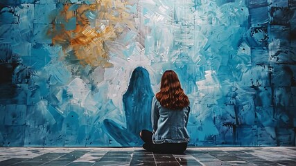 Leinwandbilder - A person sits on the floor, gazing at an abstract mural filled with swirling shades of blue and gold in an art gallery. The vibrant colors evoke contemplation and creativity.