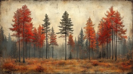 Wall Mural - Vibrant autumn forest landscape with red and orange trees against a misty background