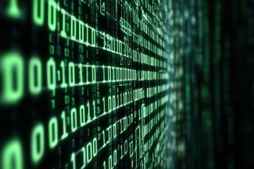blue and green binary code with data visualization background