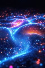 Wall Mural - futuristic digital landscape with glowing neon lights and abstract wave patterns in a dark backgroun