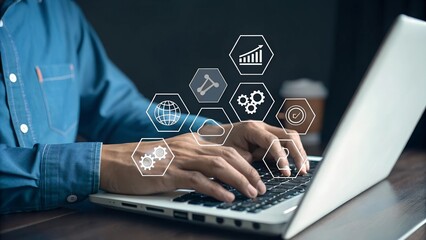 api application programming interface concept. a programmer types on a laptop, interacting with digi