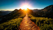 © Olena - Stunning sunrise over a mountain ridge, showcasing a scenic path leading towards the radiant sun. Ideal for travel, adventure, and inspirational projects.