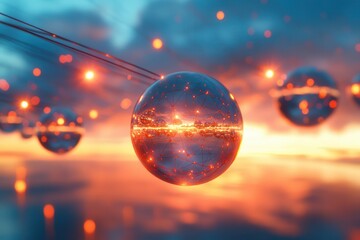 Wall Mural - futuristic spheres reflecting a vibrant sunset with glowing connections in a digital landscape