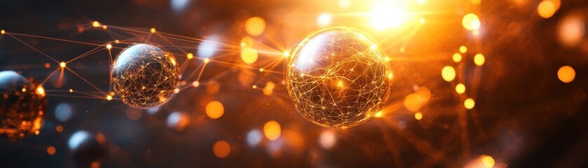 Wall Mural - futuristic digital network with glowing spheres and interconnected lines in a vibrant orange and bla