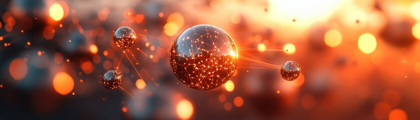 Wall Mural - ** abstract representation of glowing spheres with network connections in a warm, futuristic setting
