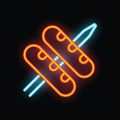 Sticker - Bright neon sign illustrating two sausages on a skewer, against a black background