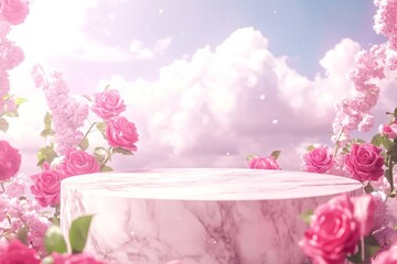 Wall Mural - A pink cloud adorned with pink flowers and additional pink clouds