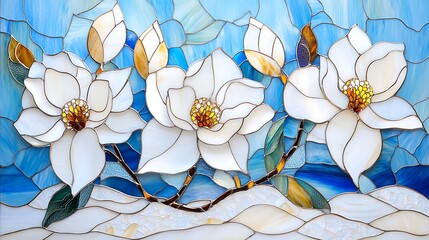 Wall Mural - Stained Glass Magnolia Flowers  Blue Sky Background  Art  Craft