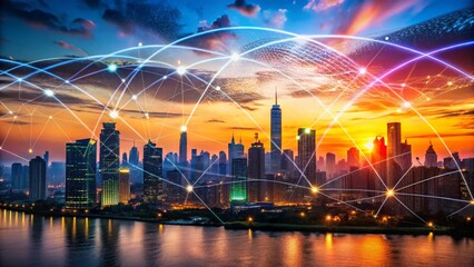 Silhouette Cityscape: Abstract Data Connections & Gradient Wave Lines - Smart City Technology