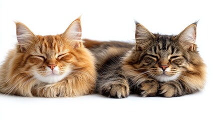 Wall Mural - Two fluffy cats peacefully resting side by side on a white background, showcasing their unique fur patterns