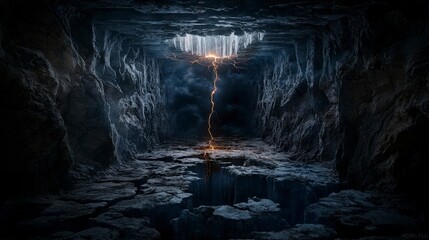 Aufkleber - Ethereal light breaking through cave void amidst dark waters stunning landscape photo dramatic atmosphere captivating view