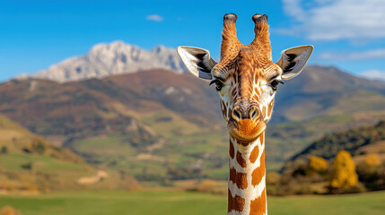 Giraffe standing in a scenic landscape with mountains in the background under a clear blue sky.