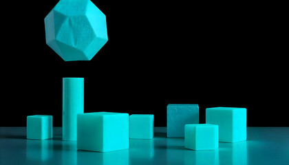 Abstract composition of geometric shapes in cyan, against a stark black background