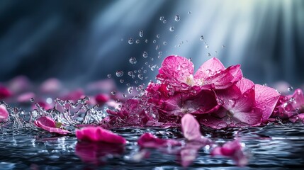 Poster - Exploding petals of cognition in water drops nature close-up photography a serene environment abstract concept