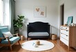 © Eliane - Modern Baby Boy Nursery, Black Cot, Soft Blue Accents, White & Sage Green Details, Oak Floors, White Rug, Wooden Drawers, Striped Style, Stylish Room.