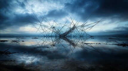 Aufkleber - Serene dusk landscape fading parallel lines across a fragile surface in an artistic reflection of calmness
