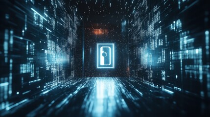 Wall Mural - glowing digital wallet icon floats in center of futuristic cyberspace corridor with binary code stre