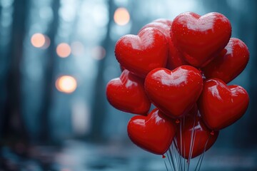 Wall Mural - A bunch of red heart shaped balloons hanging from trees in a forest, perfect for romantic or festive occasions