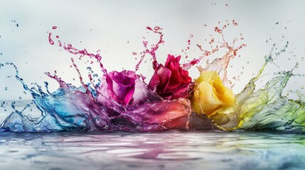 Fototapete - Colorful splash of roses in water artistic photography indoor studio vibrant and dreamy close-up perspective