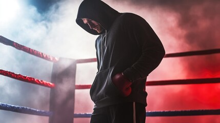 Wall Mural - A person wearing a hoodie stands in a boxing ring, ready for a match