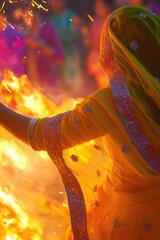 Wall Mural - a woman wearing a bright yellow sari holds a sparkler, ideal for use in celebratory or festive scene