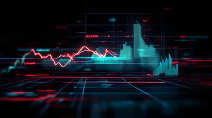 Wall Mural - digital financial chart with glowing lines and data visualization on a dark background.