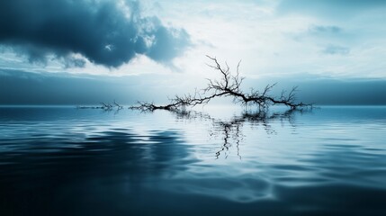 Aufkleber - Tranquil landscape disintegrating branch reflections on serene waters in a calm wide-view nature photography