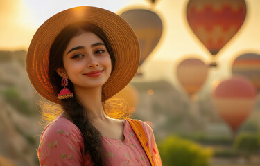 indian traveler beautiful woman in a hat standing in the Cappadocia