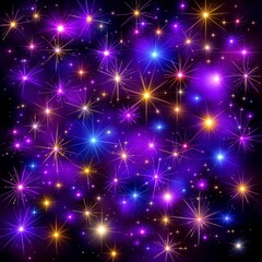 Wall Mural - A vibrant background of colorful starbursts in shades of purple, blue, and yellow, glowing against a dark background