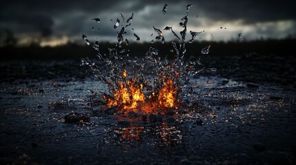 Aufkleber - Erupting ideas fragmenting into explosive tears in a dark landscape water and fire interaction dramatic mood
