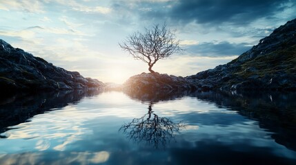 Aufkleber - Tree reflected in calm waters remote landscape nature photography tranquil serenity atmospheric perspective emotional depth