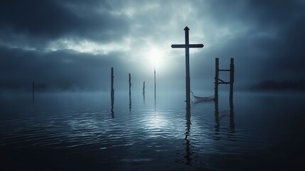 Aufkleber - Lonely rhythms piercing through dense fog serene waters landscape photography tranquil environment dramatic viewpoint