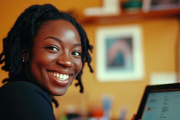 a woman smiling while holding a laptop computer