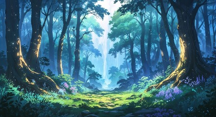 Wall Mural - Atmospheric magical forest depth artistry on anime background