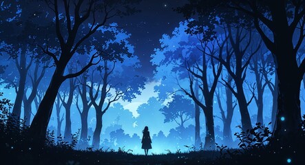 Wall Mural - Dark tree silhouettes magical scenery cinematic on anime background