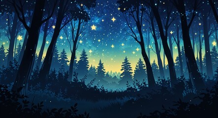 Wall Mural - Dense forest silhouettes glowing under stars dreamlike on anime background