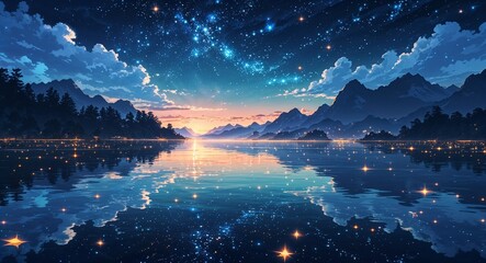 Wall Mural - Depthrich starlit reflections calm water on anime background