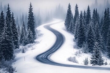 Wall Mural - A winding road in a snowy forest