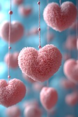 Canvas Print - A bunch of pink heart-shaped pom-poms hanging from strings, great for party decorations or photography props