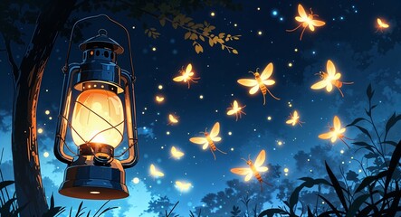 Wall Mural - Fireflies glowing faintly near lantern on anime background