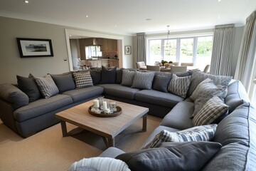 Poster - Cozy home interior with various furniture pieces and a central coffee table