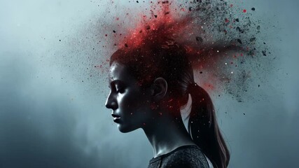 Leinwandbilder - A young woman stands in profile, her head bursting with vibrant fragments and colors. The dramatic visual portrays the complexity of thoughts and emotions in a surreal manner.